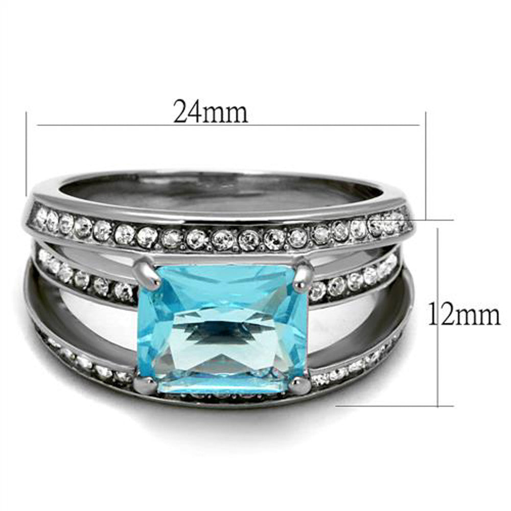 ARTK2608 Womens Stainless Steel 4.07Ct Emerald Cut Sea Blue Crystal Cocktail Ring Sz 5-10